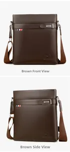 Brown leather messenger bag with textured finish, front view and side view details