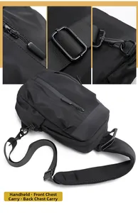 Detail of durable black nylon sling bag with matte zippers and breathable mesh straps