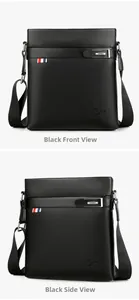 Macro view of black litchi pattern leather business messenger bag with embossed logo