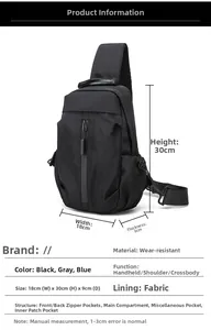 Detailed view of black nylon chest bag with 18x30x9cm dimensions and multi-pocket layout