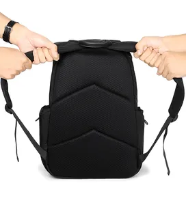 Detail showing the reinforced shoulder strap and breathable mesh back of black backpack