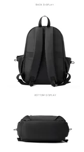 Detailed back and bottom view of waterproof black laptop backpack showing adjustable straps