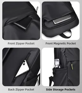 Detail view of laptop backpack storage pockets featuring front magnetic and zipper compartments