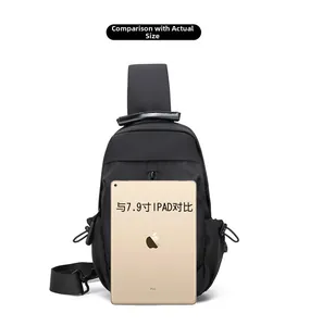 Black nylon chest bag size comparison with a 7.9 inch iPad showing large storage capacity