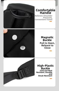 Detailed close-up of padded handle, magnetic buckle and durable plastic clip on black backpack