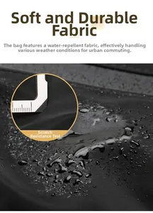 Detail showing high-tech waterproof and scratch-resistant fabric of the black travel backpack