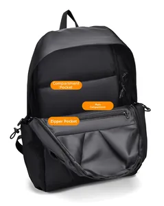 Detail view of business backpack interior showing laptop compartment and USB port