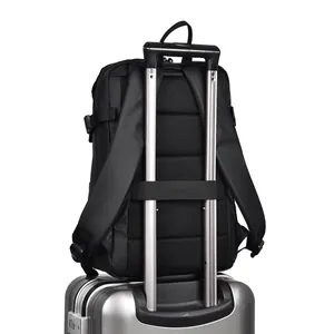 Black travel laptop backpack with breathable back padding and luggage strap attachment