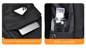 Detail of waterproof business backpack showing front zipper pocket and side water bottle pouch