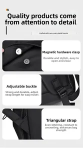 Detail view of magnetic buckle, adjustable strap buckle and reinforced stitching on backpack