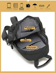 Internal structure of black chest bag showing compartments for iPad Mini and gadgets