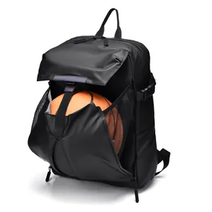 Large capacity black sports backpack with basketball mesh storage and waterproof fabric