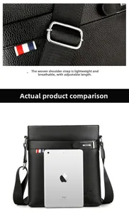 Detail of black lychee grain leather briefcase with tricolor strap and metal buckle