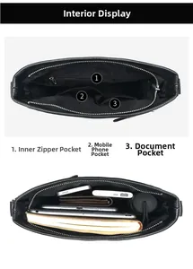 Detailed interior of black leather briefcase showing multiple storage pockets and laptop space