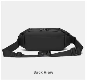 Rear view of waterproof black waist bag with padded back and adjustable buckle strap