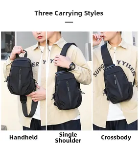 Black versatile travel chest bag shown in three modes: handheld, single shoulder, and crossbody