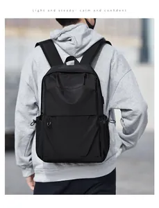Detail of minimalist black waterproof business backpack with side drawstring pockets