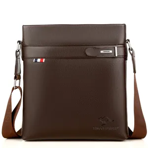 Dark brown leather briefcase for men with pebble grain texture and adjustable strap