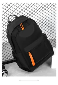 Detail of waterproof oxford backpack featuring vibrant orange zippers and durable tech texture