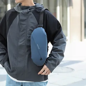 Waterproof grey-blue men's crossbody chest bag with modern geometric folding design