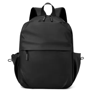 Waterproof minimalist black laptop backpack with large capacity and drawstring side pockets