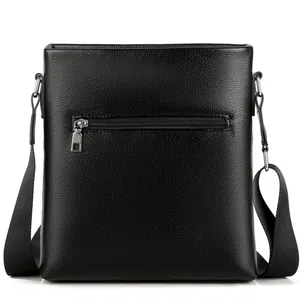 Minimalist black pebble leather briefcase for men with adjustable strap and back zip pocket
