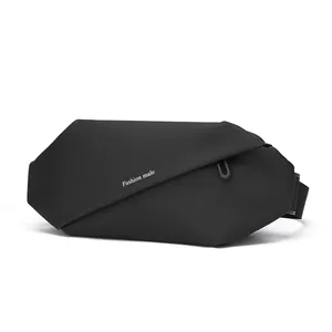 Waterproof black men's crossbody chest bag with geometric folding design and matte finish