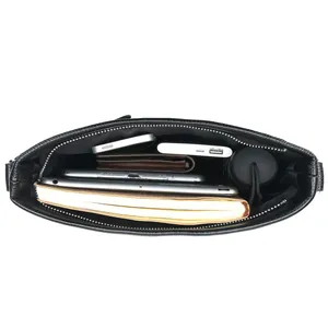 Black pebbled leather messenger bag with spacious interior for laptop and daily items