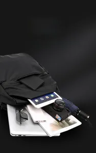 Macro shot of waterproof black backpack showing large capacity storage for tech and travel
