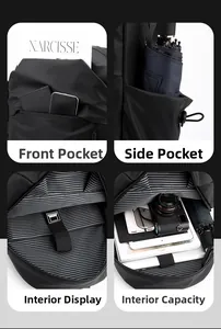Detail view of backpack showing front pocket, side pockets, and large capacity interior