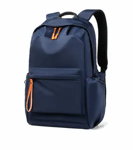 Side view of waterproof Oxford cloth backpack in navy blue with orange zipper details