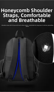 Detail of the black laptop backpack showing breathable honeycomb mesh shoulder straps