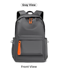 Front view of grey waterproof oxford backpack with orange zipper accents and large capacity