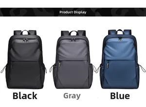 Business backpacks in black, grey, and blue with waterproof fabric and sleek zippers