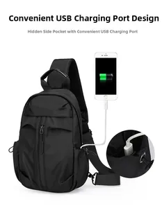 Dettaglio della porta di ricarica USB e del cavo sulla borsa a tracolla impermeabile