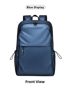 Front view of a blue waterproof travel backpack with yellow zipper details and side pockets