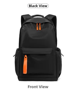 Front view of black waterproof oxford backpack with vibrant orange zipper pull details