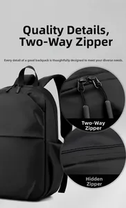 Detail view of the black backpack featuring dual-way zippers and hidden zipper pockets