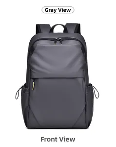 Front view of a gray water-resistant laptop backpack with multiple zipper pockets
