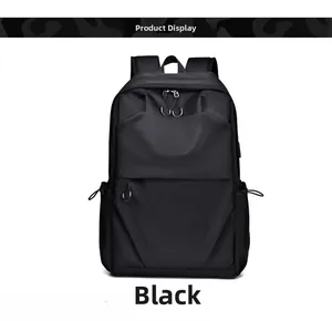 Detailed view of black business backpack featuring USB port and waterproof nylon fabric