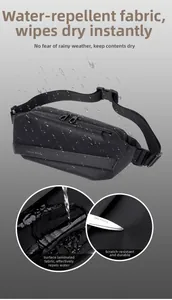 Detail of black waterproof men's sling bag showing scratch-resistant matte fabric
