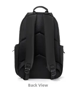 Ergonomic breathable honeycomb mesh padding on the back of black business backpack