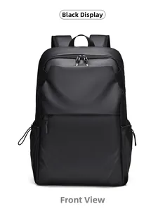 Front view of a black minimalist commuter backpack with waterproof texture and side pockets