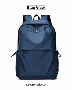 Front view of a dark blue water-resistant backpack with ergonomic straps and metal zippers