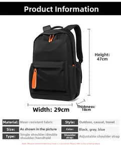 Detail showing the 47cm height of this waterproof black oxford backpack with orange zippers