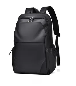 Side view of black minimalist backpack showing waterproof fabric and breathable mesh straps