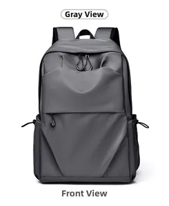 Front view of grey business laptop backpack with waterproof texture and side pockets