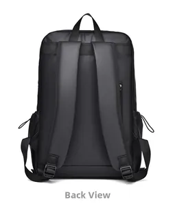 Back view of black laptop backpack featuring padded S-straps and hidden zipper pocket
