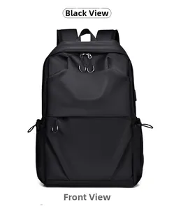 Front view of black minimalist backpack in durable matte nylon with hidden zipper pocket
