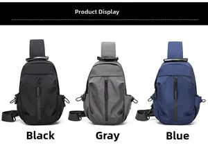 Waterproof nylon crossbody chest bags shown in black, grey, and blue color variants